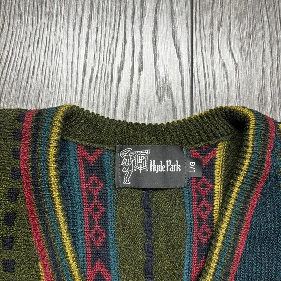 Hyde Park Mens Vintage 3D Knit Sweater V-Neck Green Red Striped 3D Style L - Picture 4 of 8